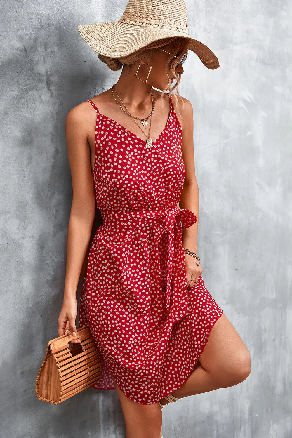 Printed V-Neck Tie Waist Mini Dress, image 14