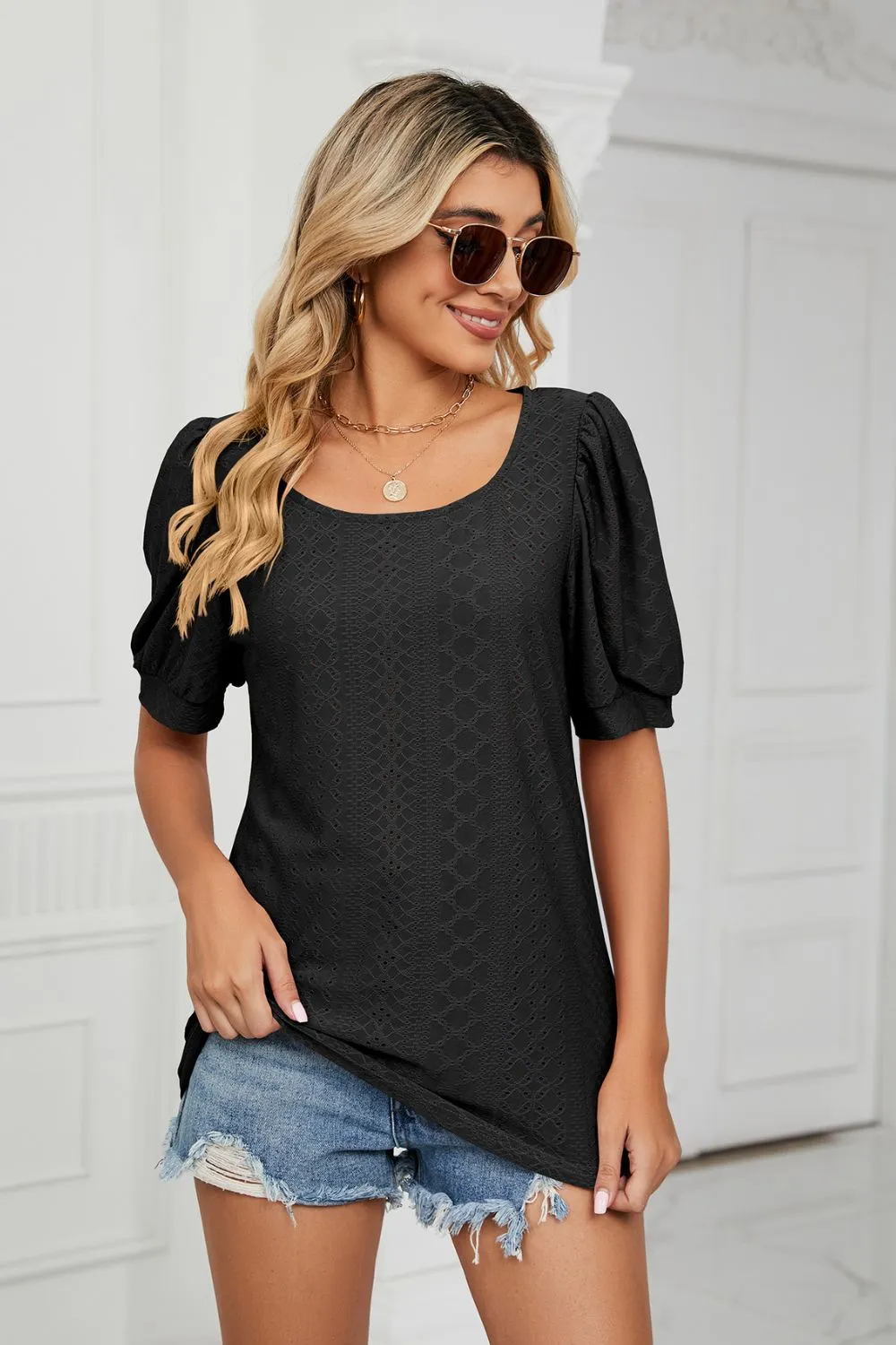 Eyelet Puff Sleeve Round Neck Top, image 8