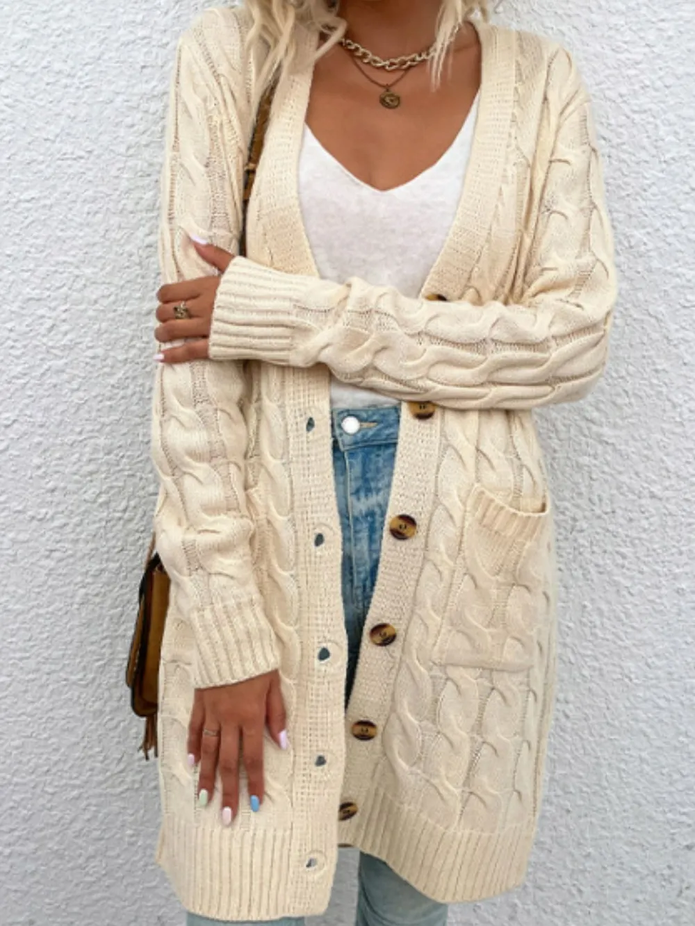 Cable-Knit Button Down Cardigan with Pockets, image 9