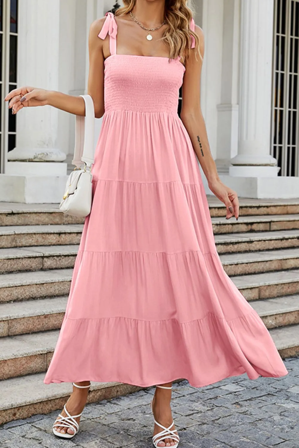 Tie-Shoulder Smocked Tiered Dress, image 7