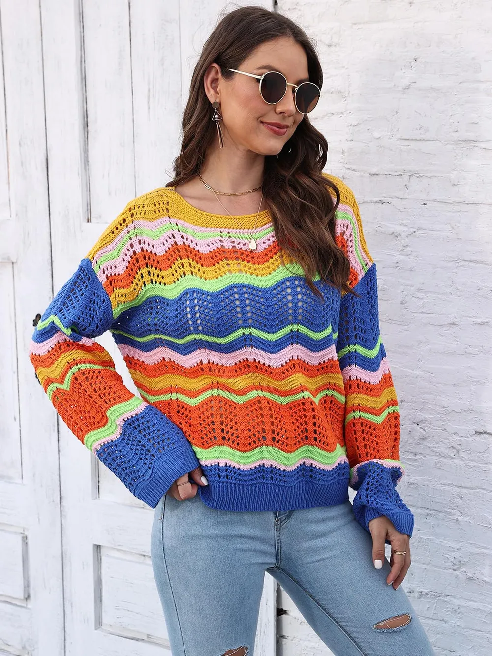 Openwork Round Neck Knit Top, image 4
