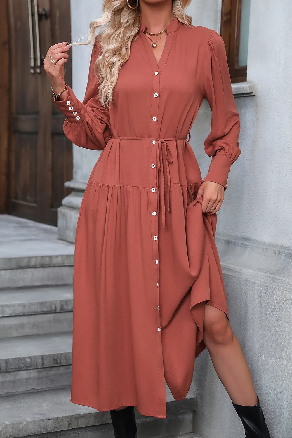 Button Down Notched Neck Dress, image 3