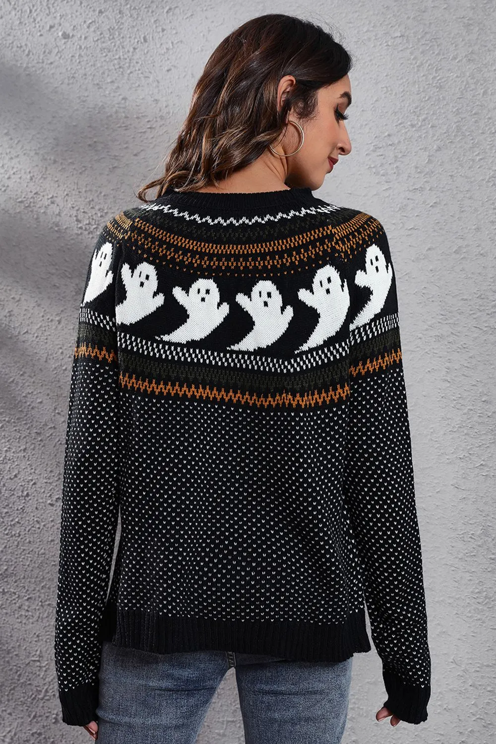 Ghost Pattern Round Neck Long Sleeve Sweater, image 2