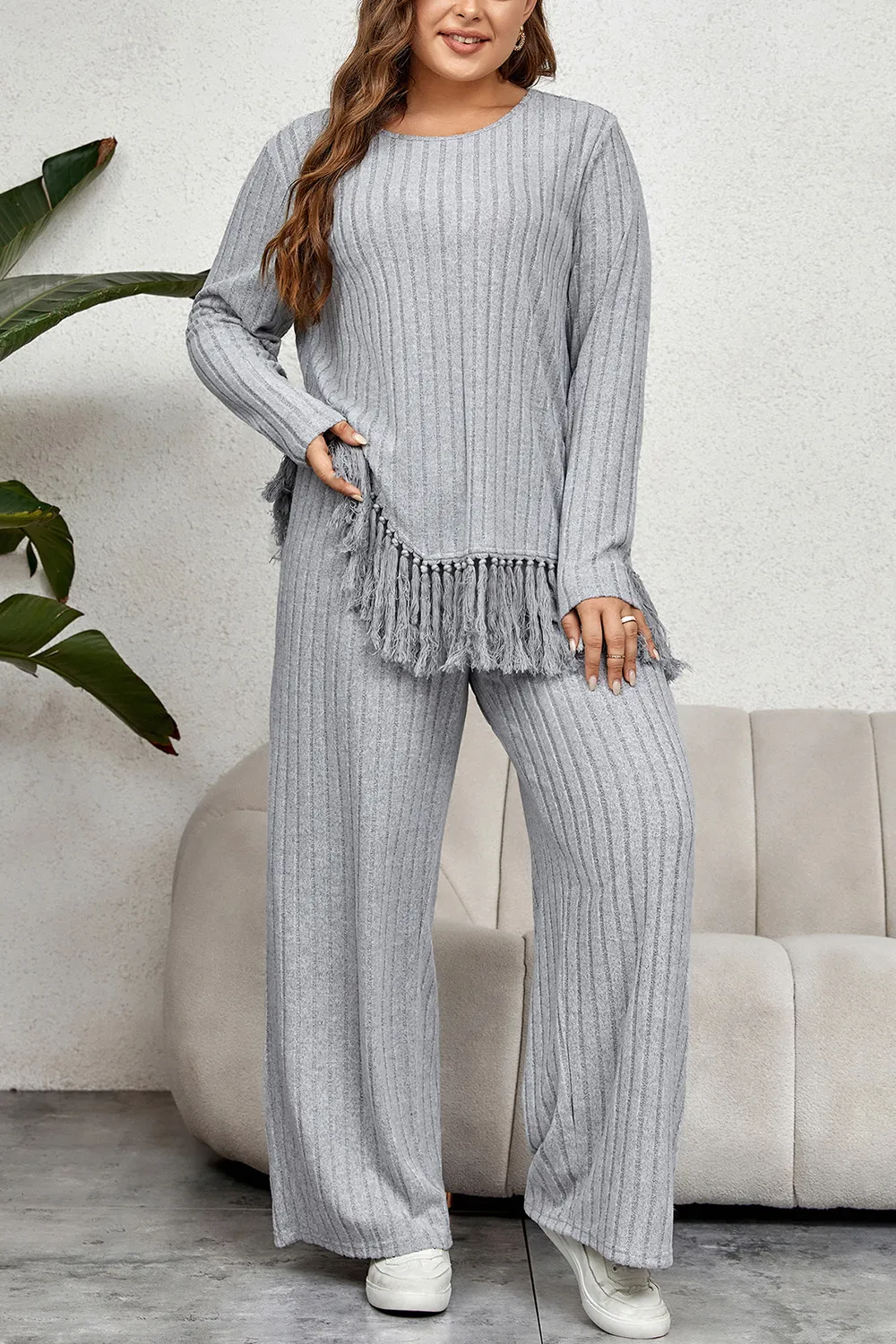 Plus Size Tassel Hem Top and Pants Set, image 3