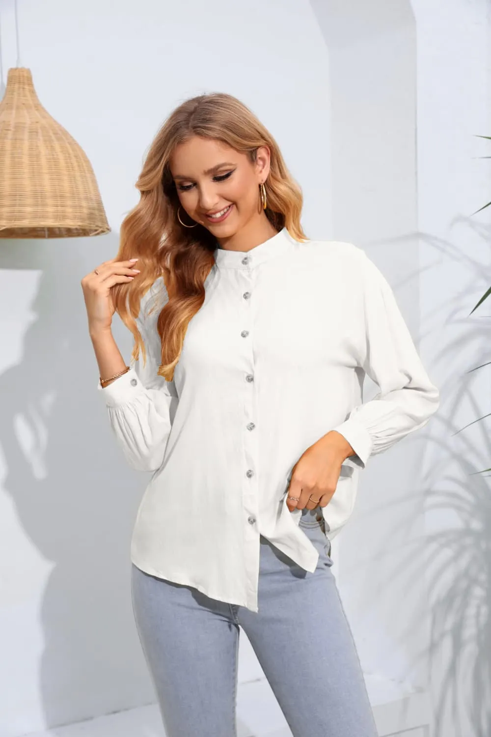 Mock Neck Buttoned Long Sleeve Shirt, image 8