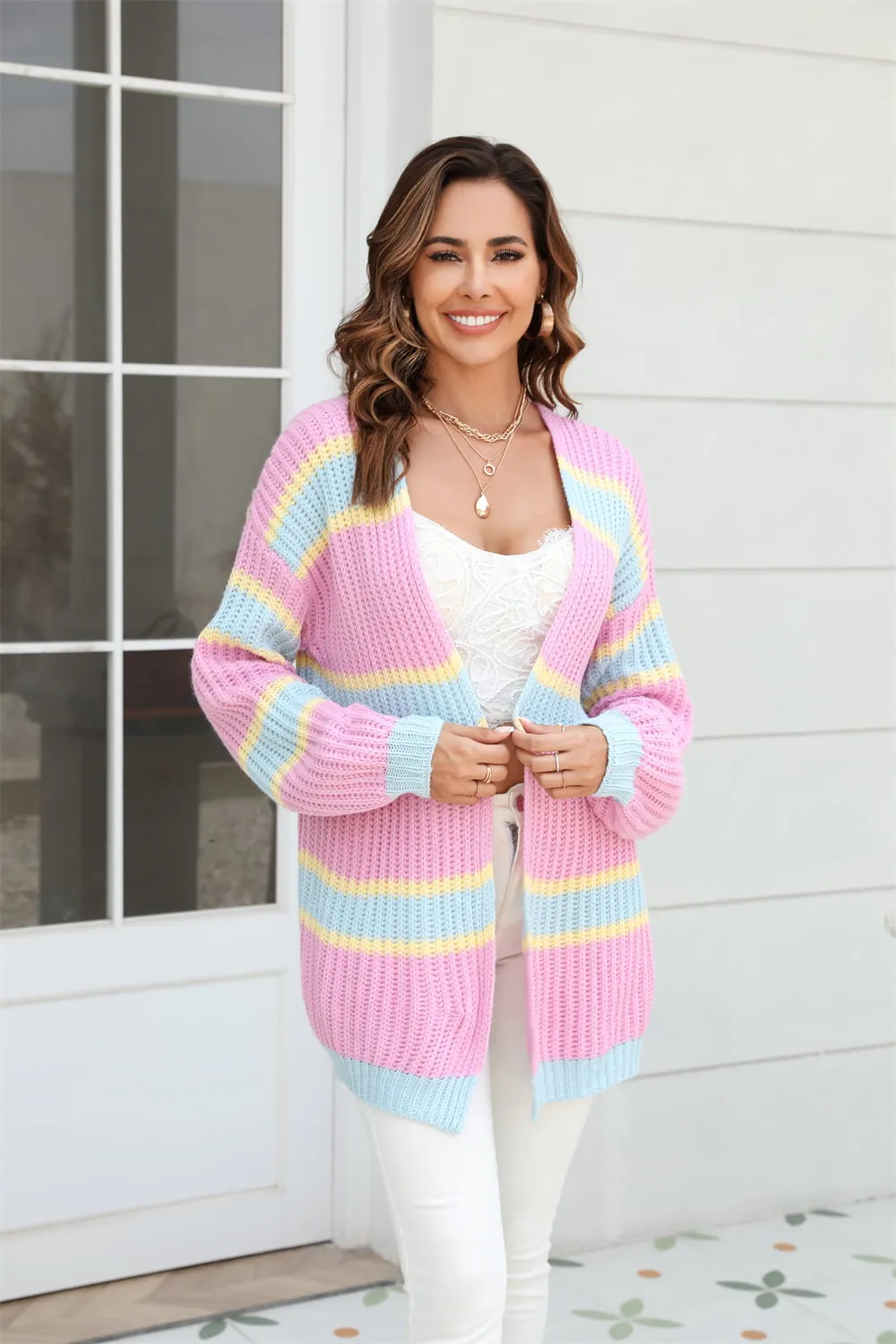 Color Block Ribbed Dropped Shoulder Open Front Cardigan, image 3