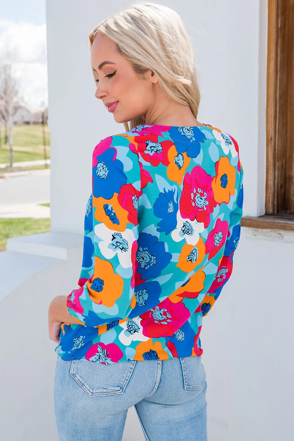 Floral V-Neck Three-Quarter Sleeve Top, image 5