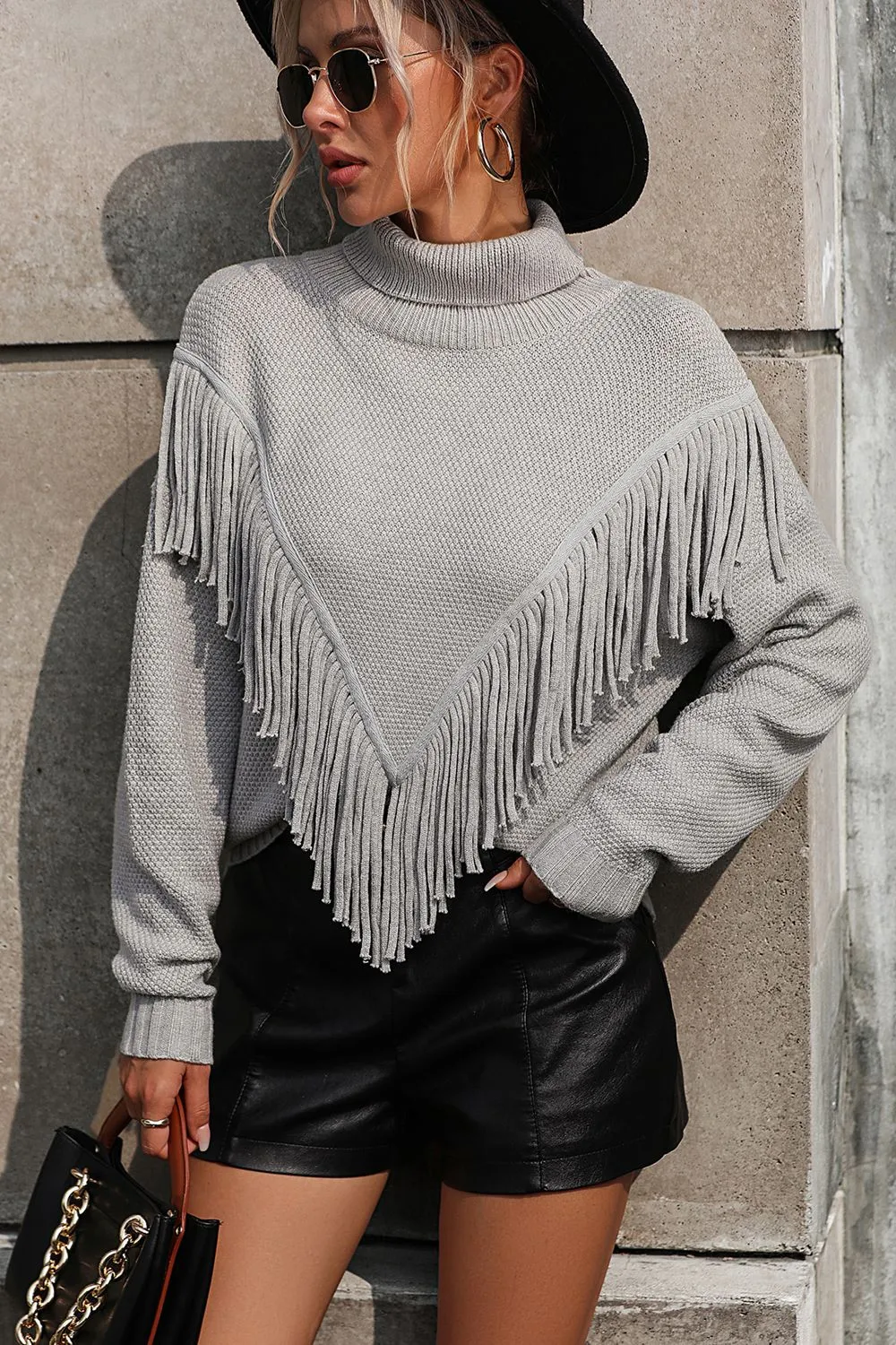Turtle Neck Tassel Front Long Sleeve Pullover Sweater, image 16