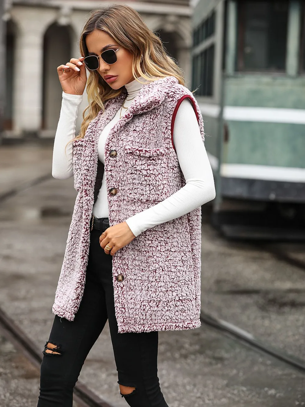Full Size Button Down Collared Neck Vest, image 4