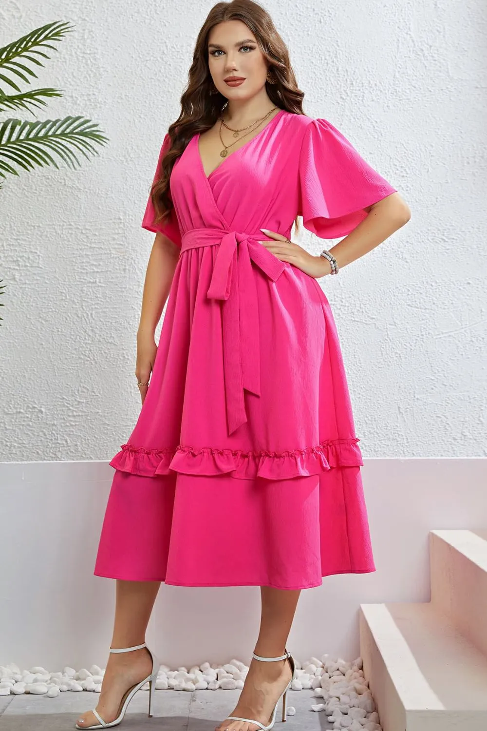 Belted Frill Trim Flutter Sleeve Dress, image 2