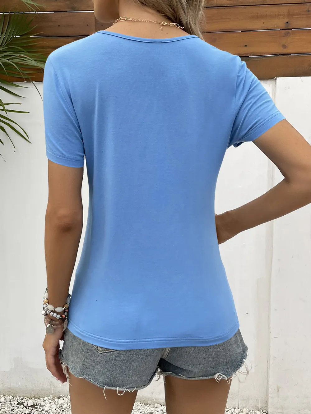 Lace Trim V-Neck Short Sleeve Blouse, image 7