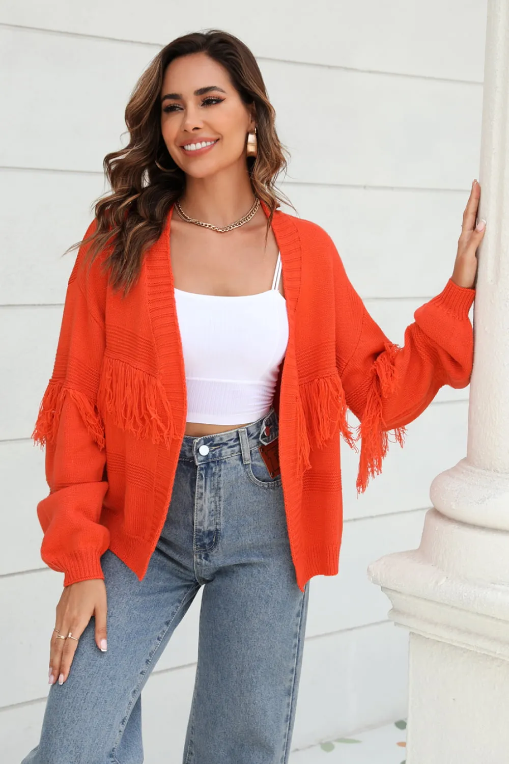 Fringe Trim Open Front Cardigan, image 15
