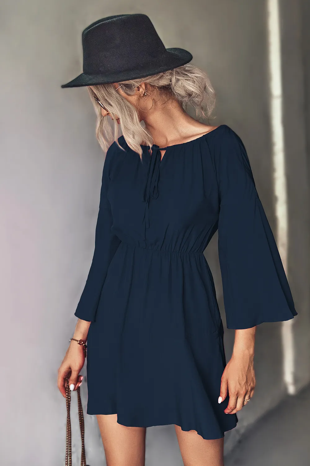 Tie Neck Flare Sleeve Mini Dress, image 10