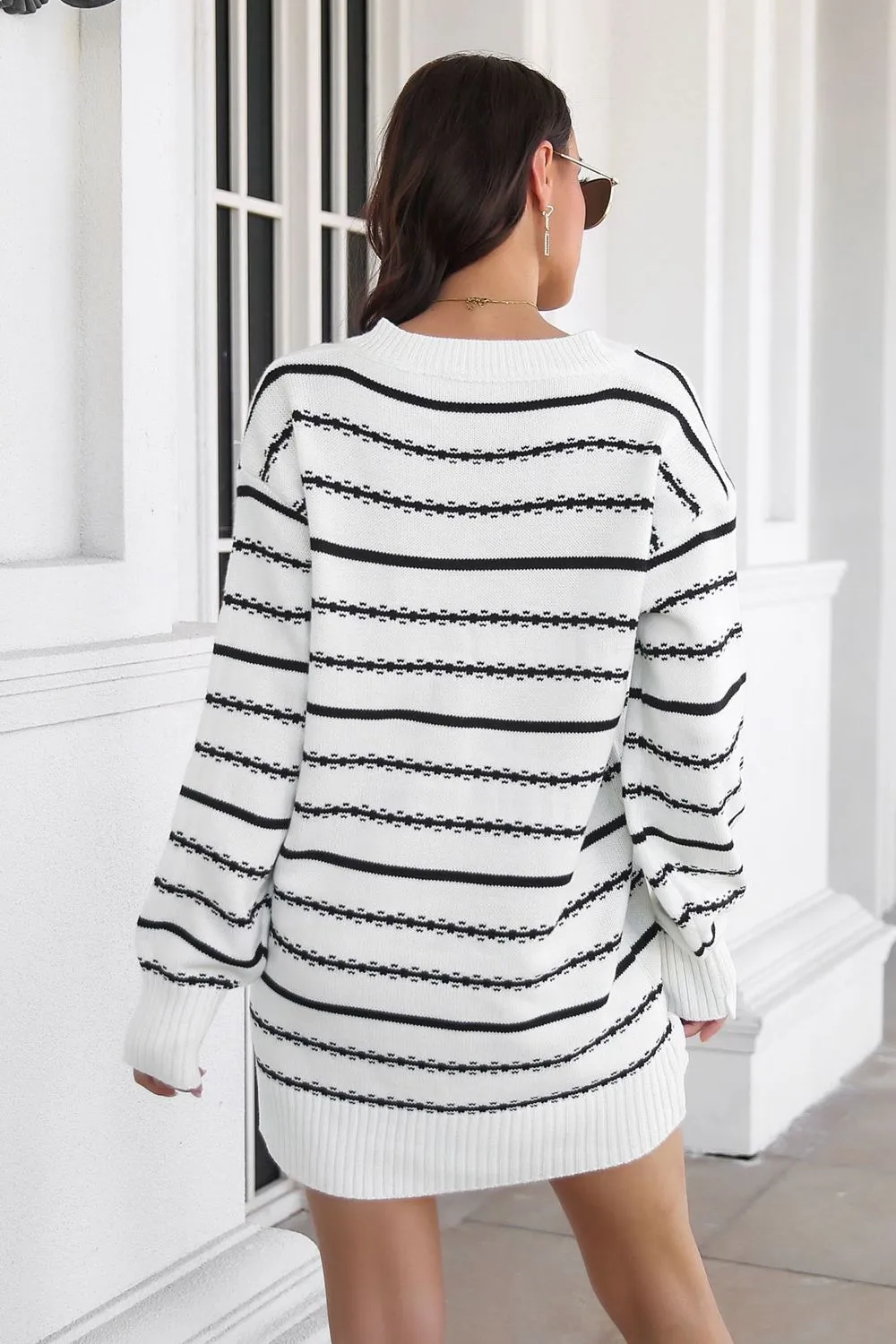 Striped V-Neck Sweater Dress, image 3