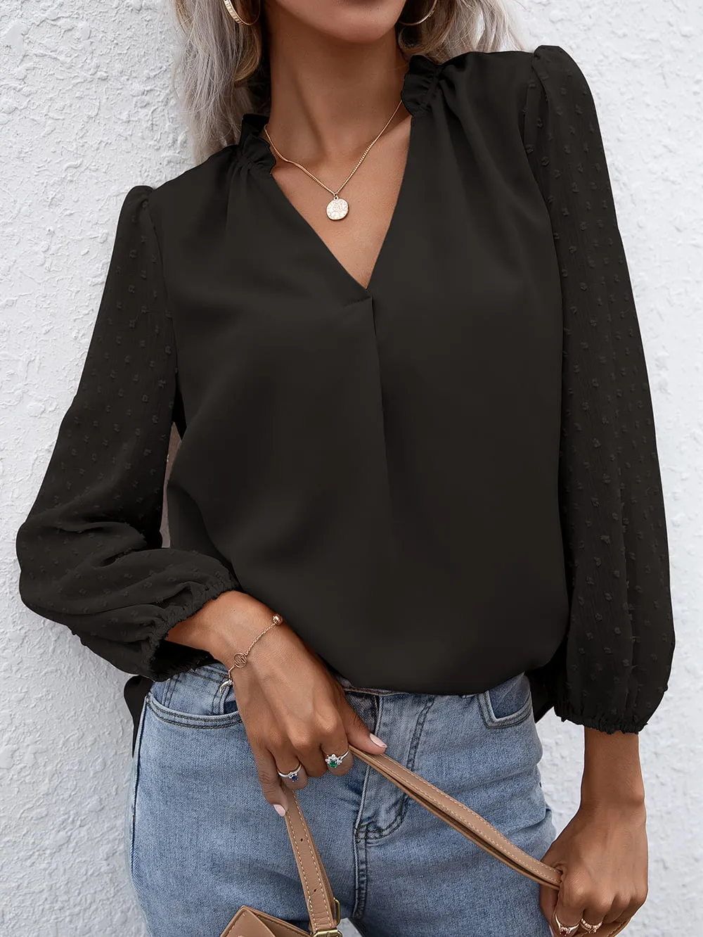 Swiss Dot Frill Trim Puff Sleeve Blouse, image 4