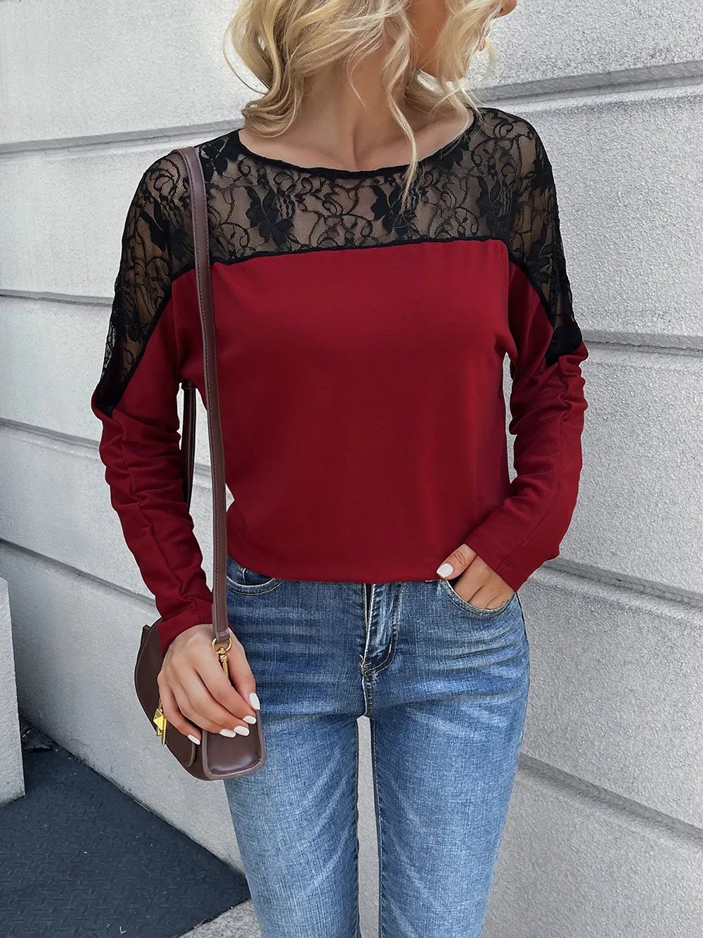 Lace Long Sleeve Round Neck Tee, image 10