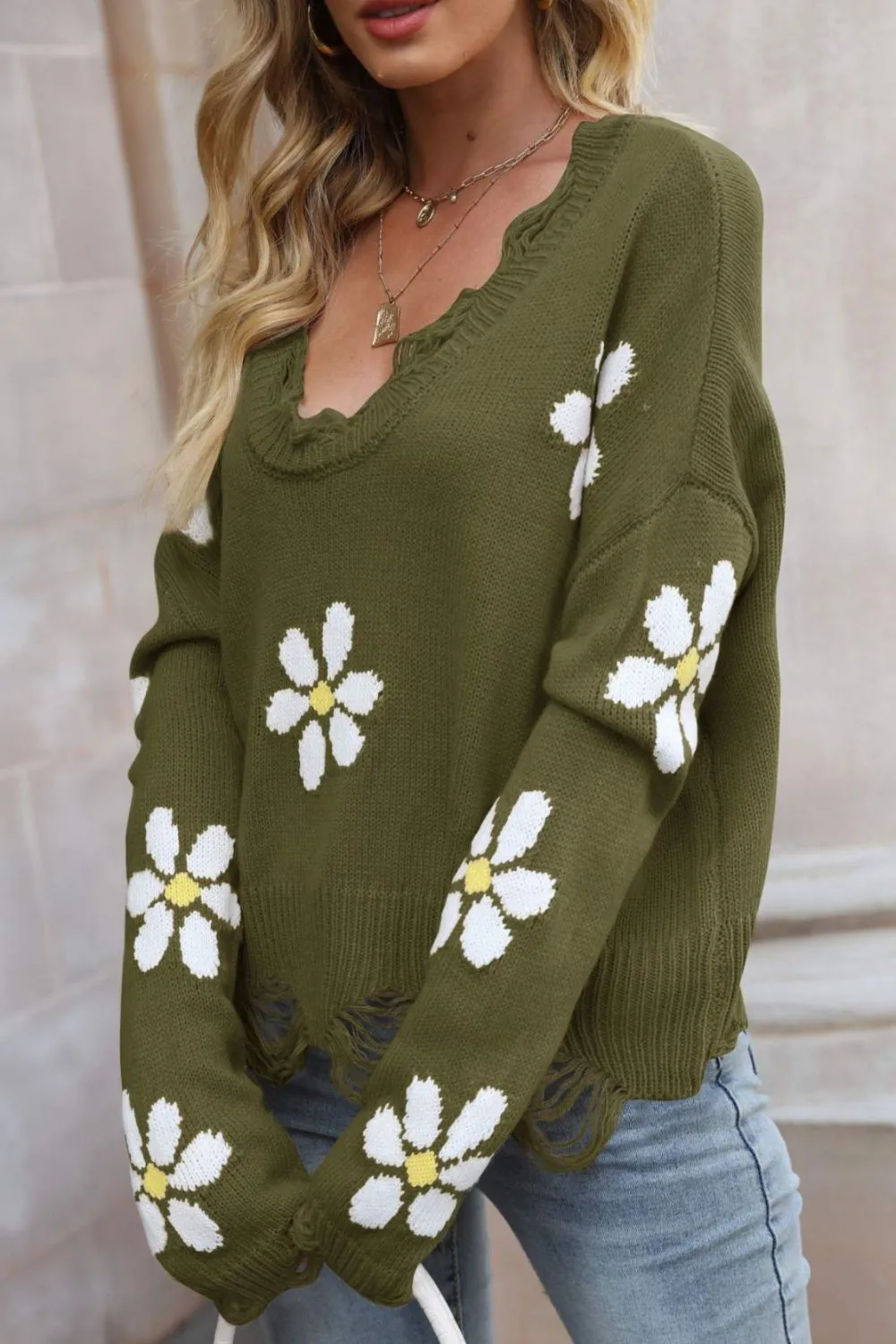 Flower Distressed Ribbed Trim Sweater, image 10