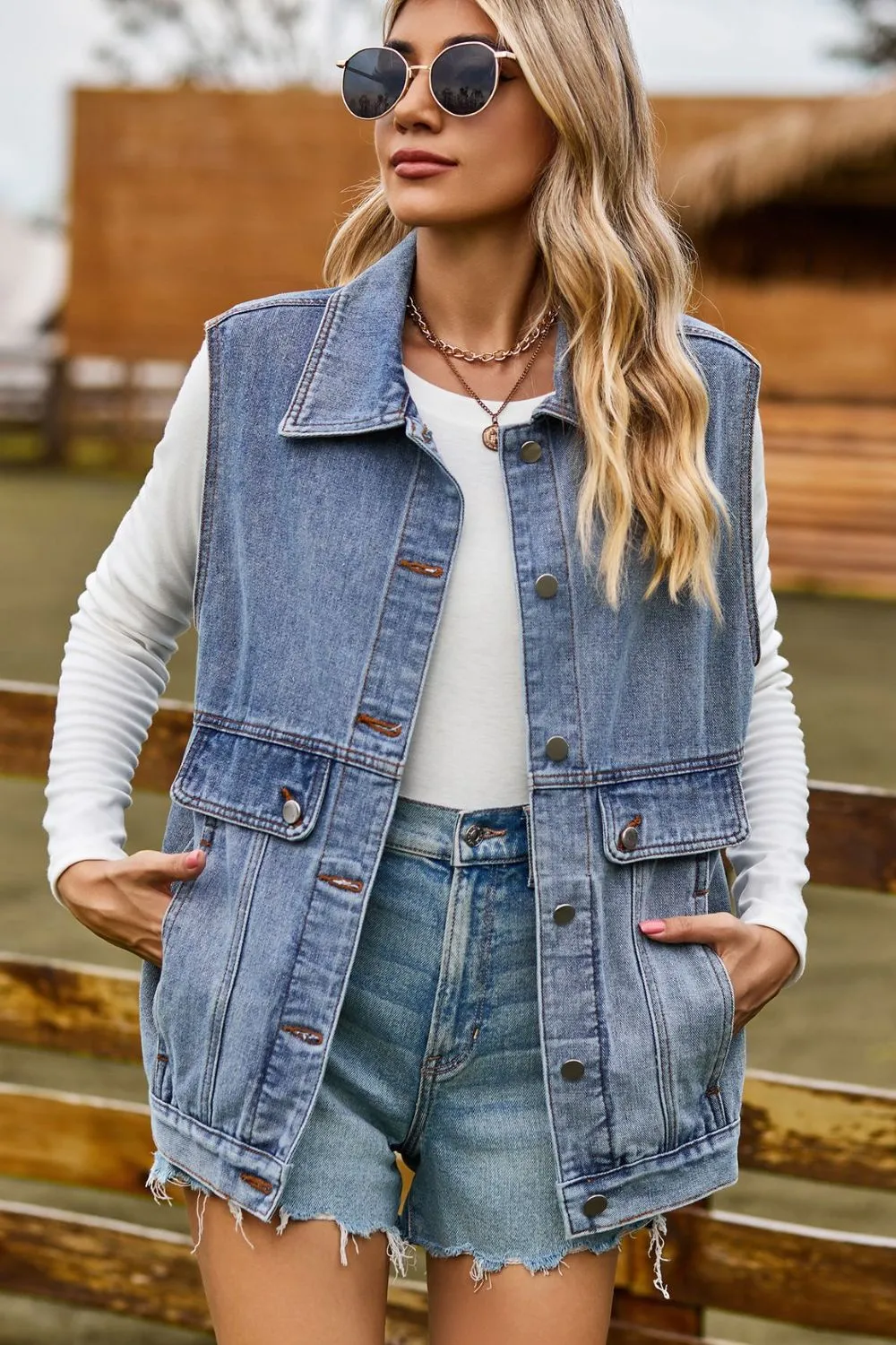 Sleeveless Collared Neck Denim Top with Pockets, image 7