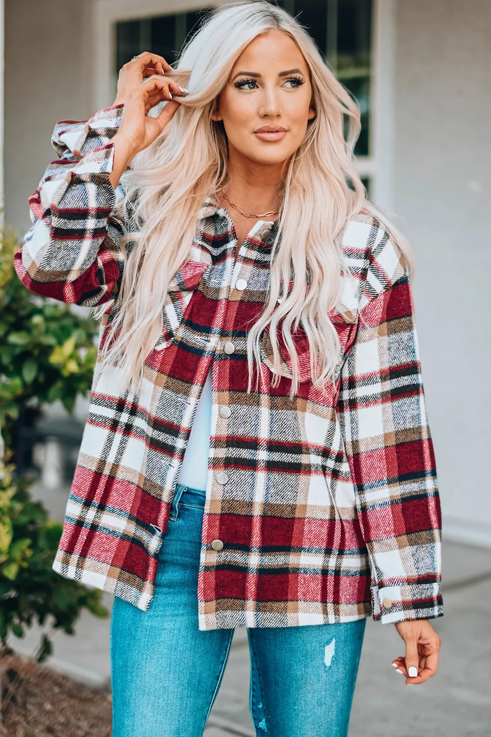 Plaid Button Front Shirt Jacket with Breast Pockets, image 15