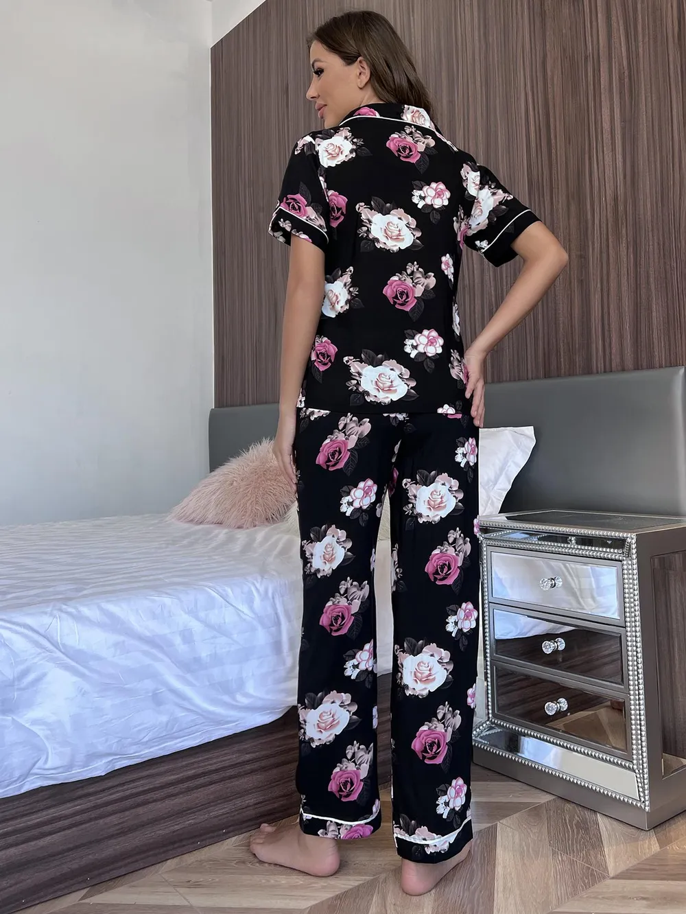 Floral Short Sleeve Shirt and Pants Lounge Set, image 2