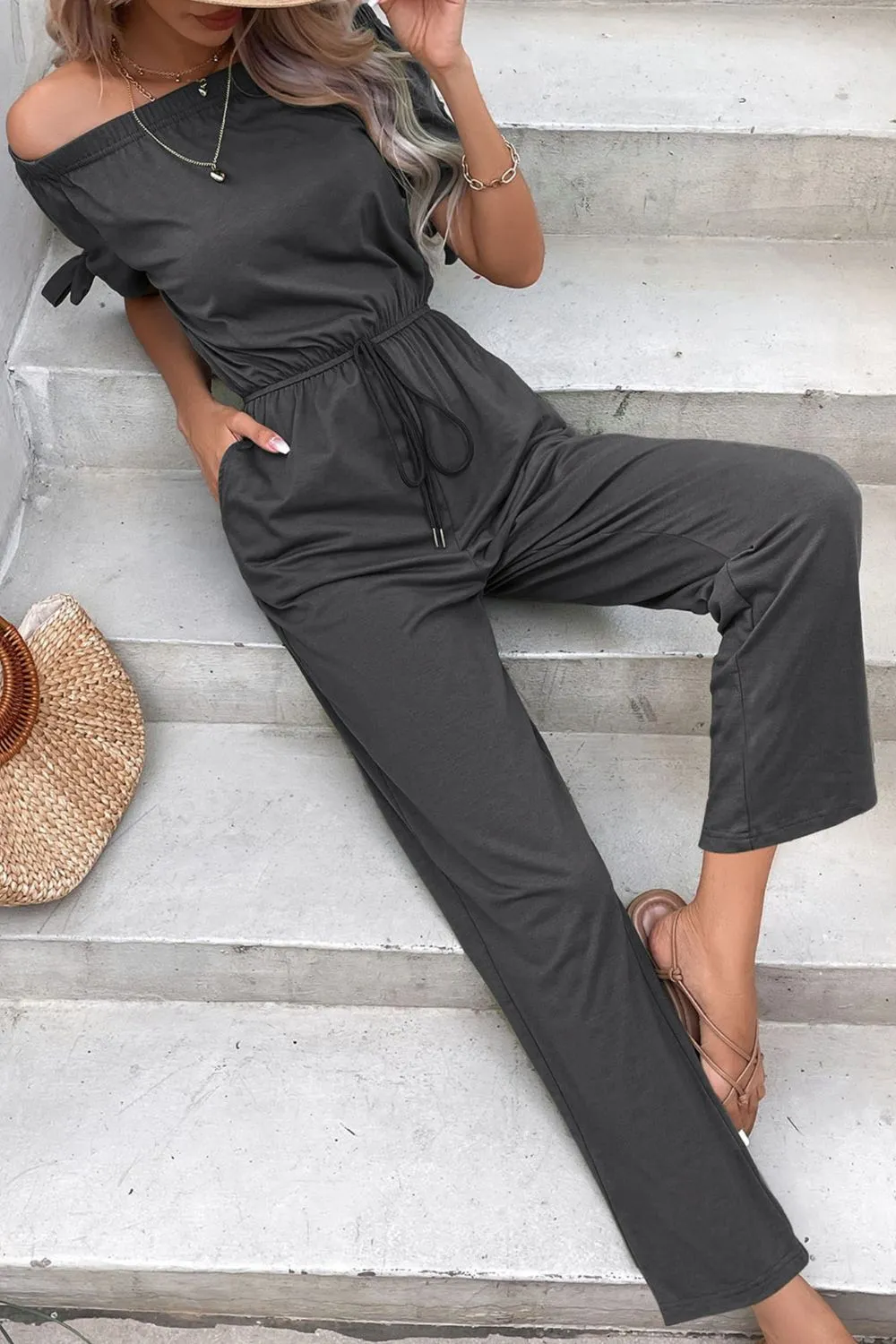Off-Shoulder Tie Cuff Jumpsuit with Pockets, image 6