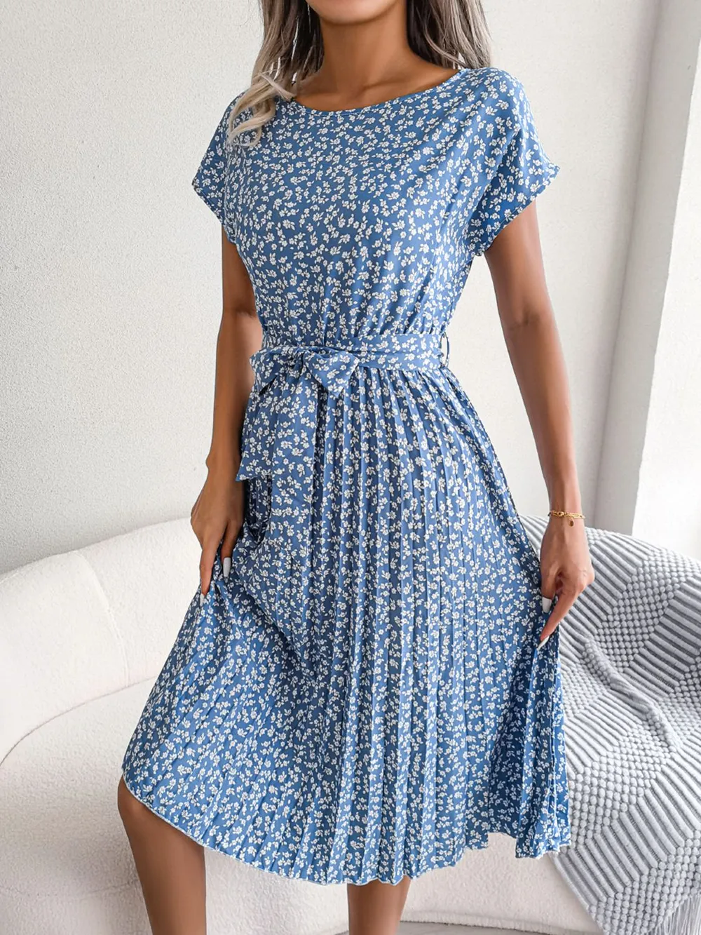 Ditsy Floral Pleated Belted Dress, image 10