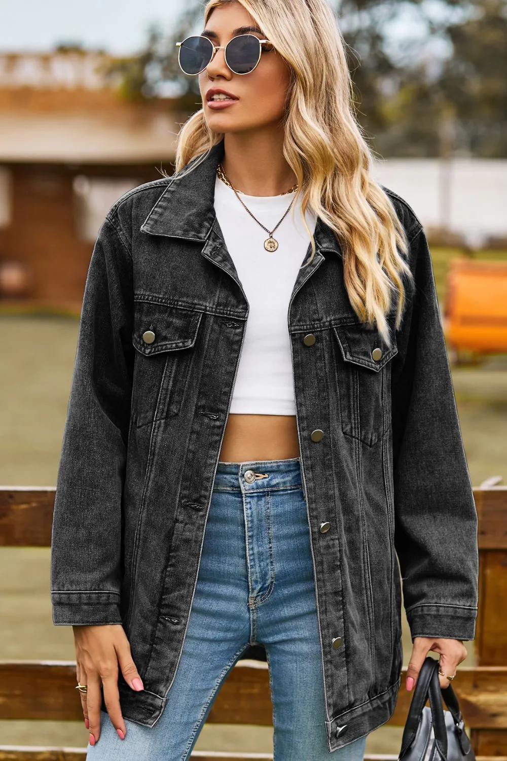 Buttoned Collared Neck Denim Jacket with Pockets, image 15