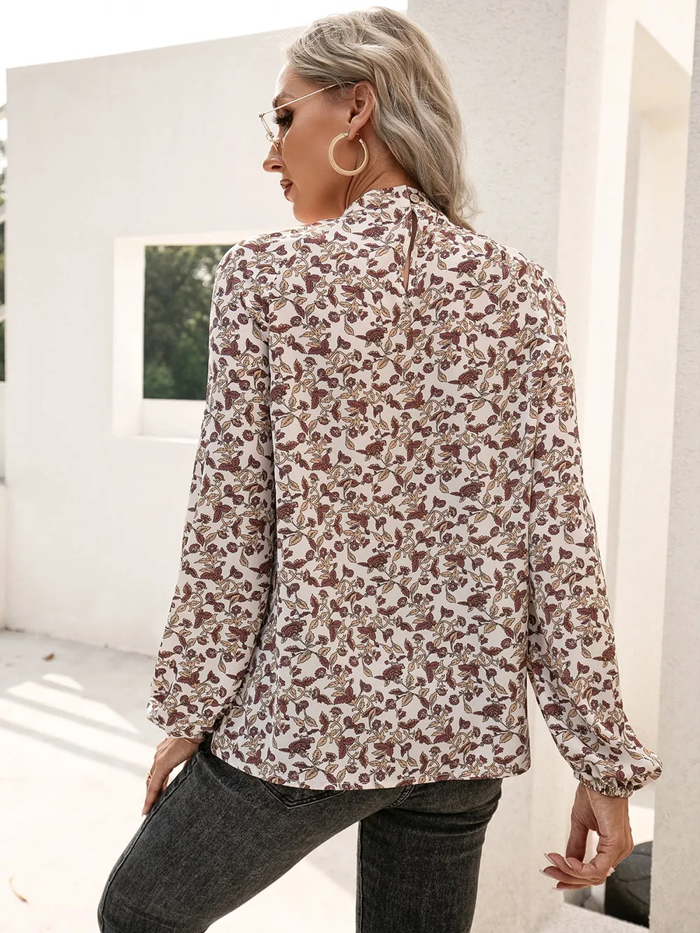 Floral Print Long Sleeve Mock Neck Blouse, image 2