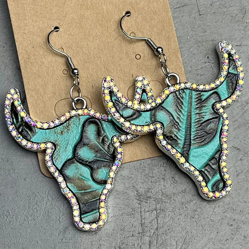 Rhinestone Trim Alloy Bull Earrings, image 3