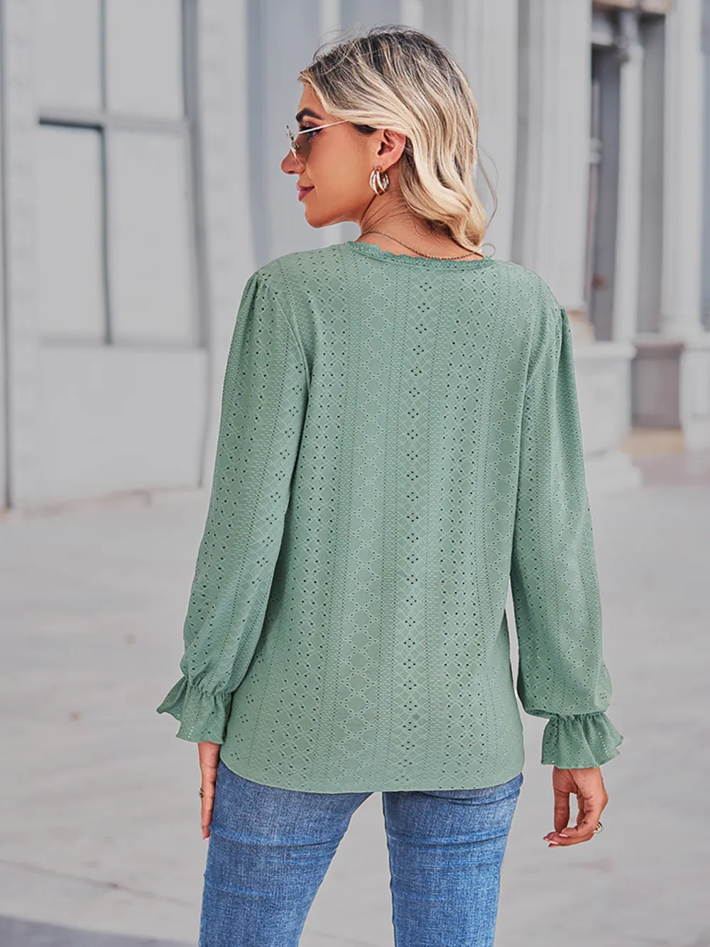 Eyelet V-Neck Flounce Sleeve Blouse, image 3