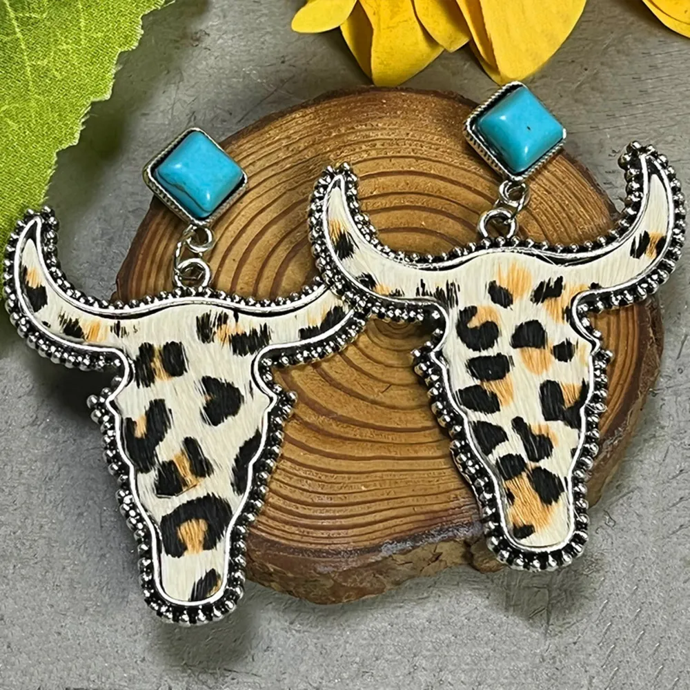 Bull Shape Turquoise Dangle Earrings, image 4