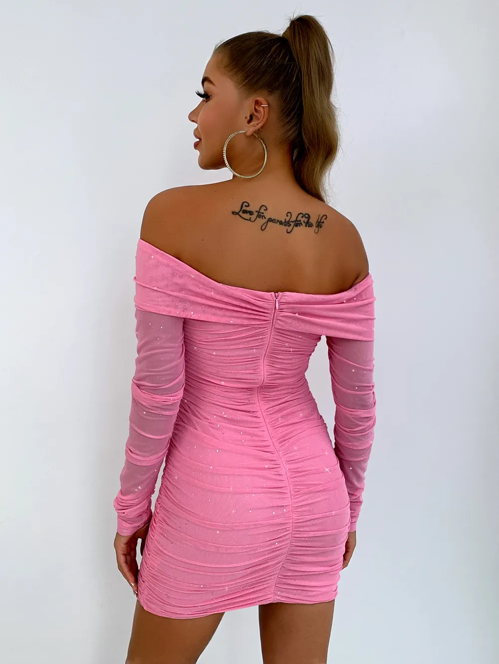 Glitter Ruched Off-Shoulder Long Sleeve Bodycon Dress, image 4