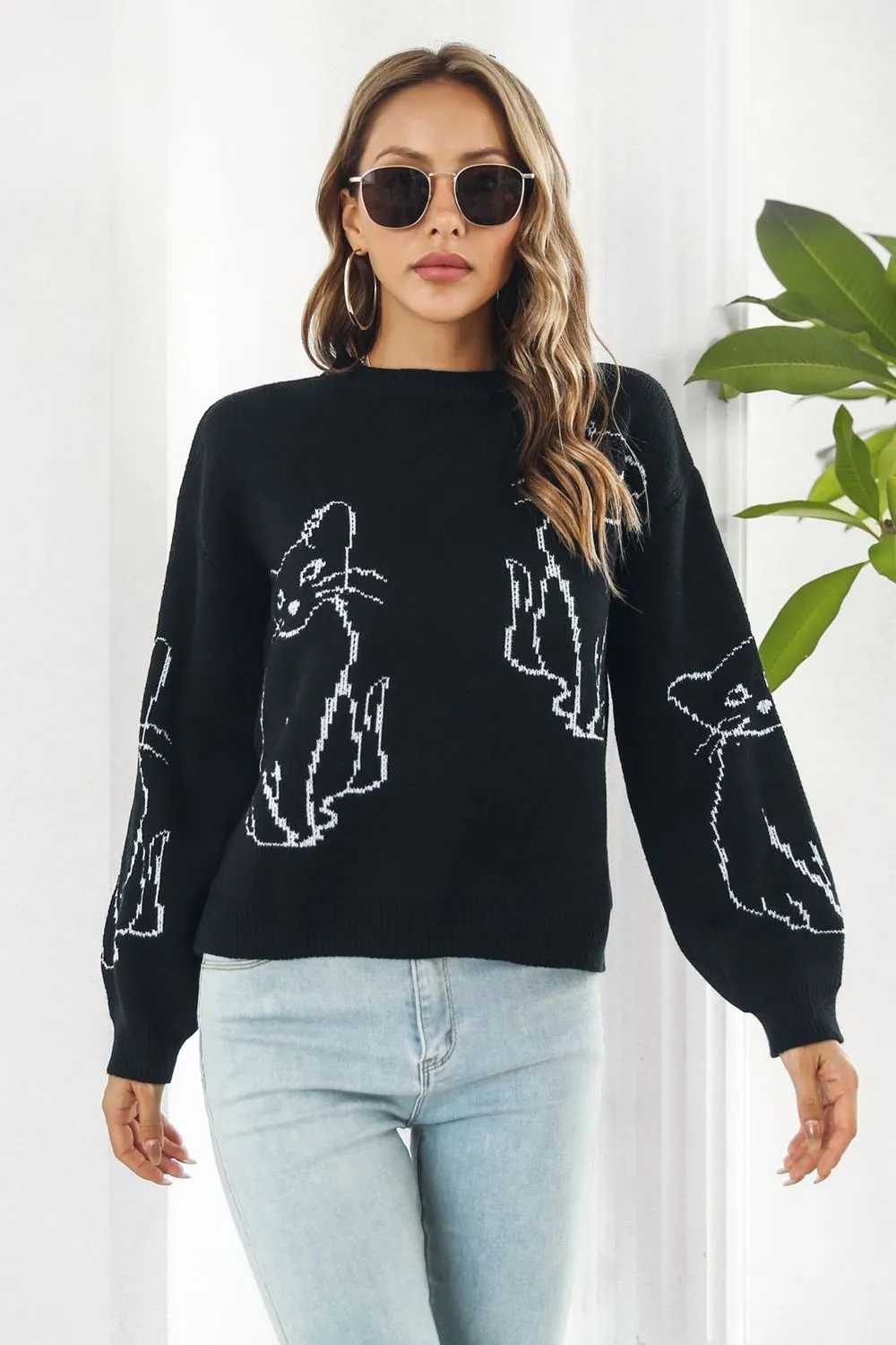 Cat Pattern Round Neck Long Sleeve Pullover Sweater, image 5