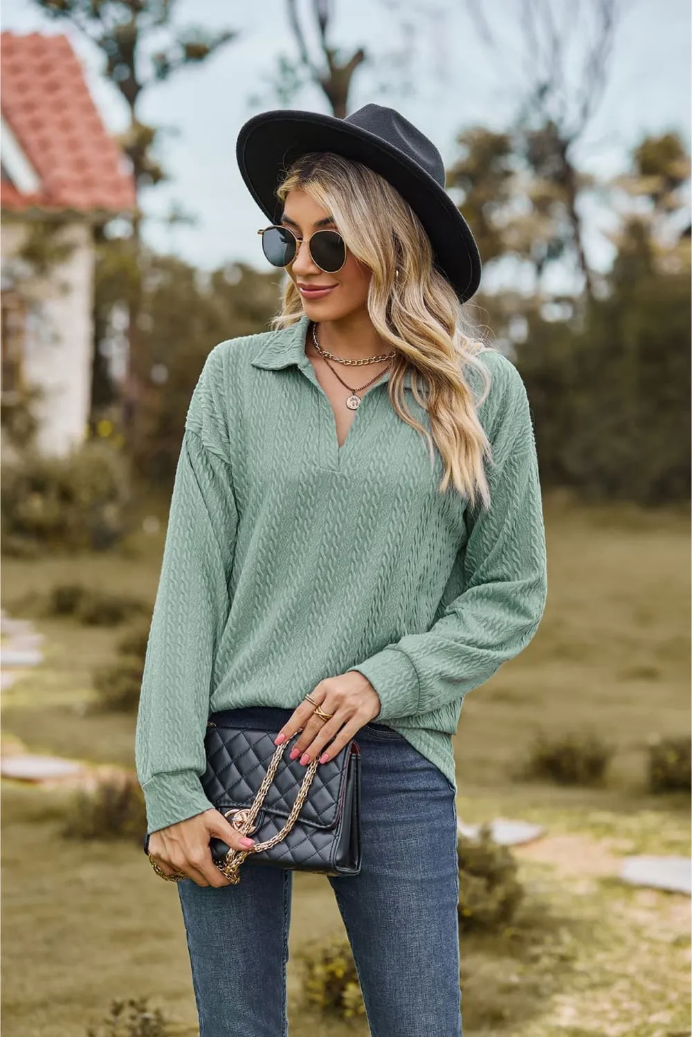 Collared Neck Cable-Knit Long Sleeve Blouse, image 4