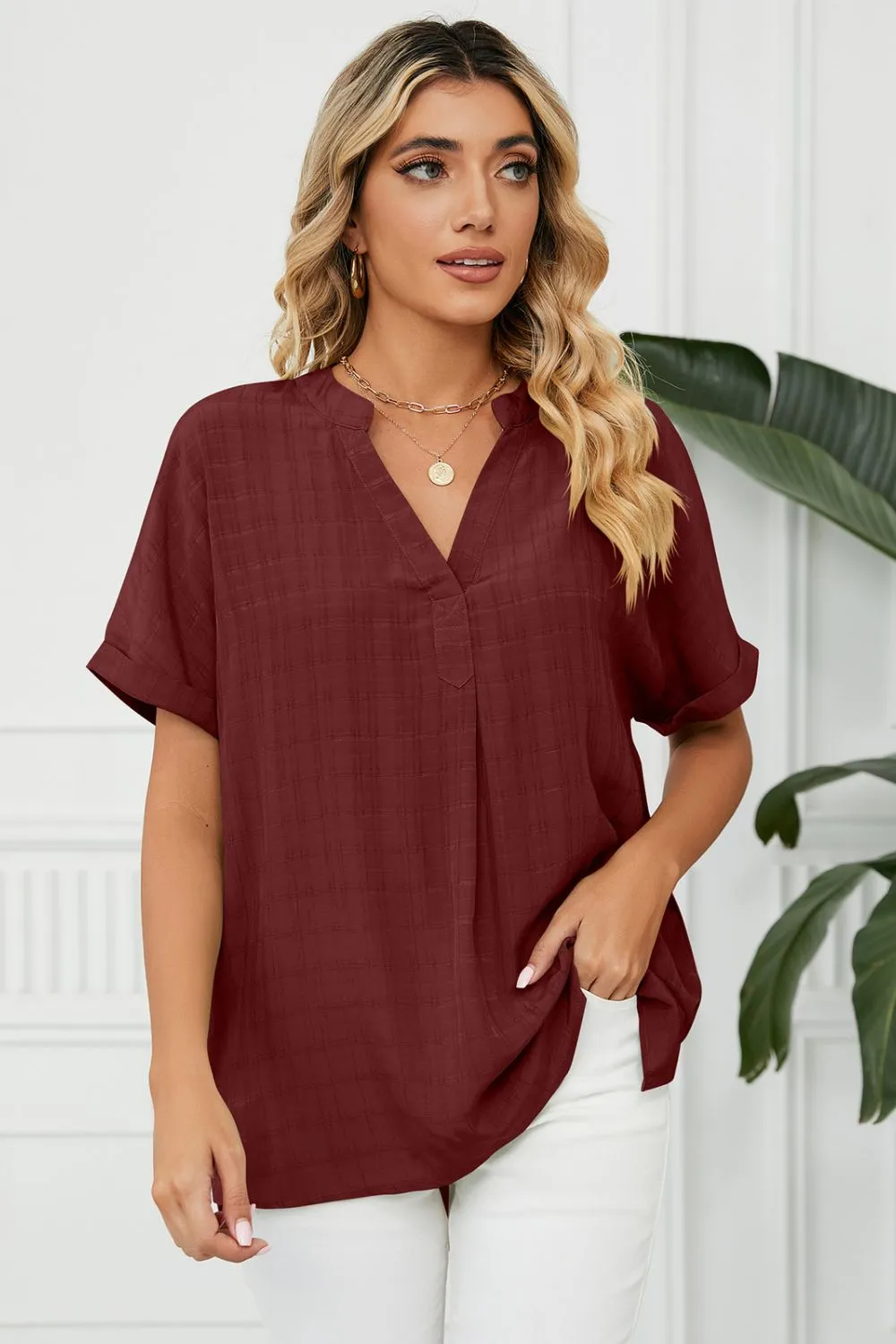 Side Slit Notched Neck Cuffed Short Sleeve Blouse, image 11