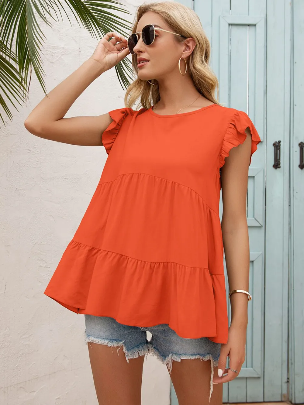 Round Neck Flutter Sleeve Tiered Blouse, image 9
