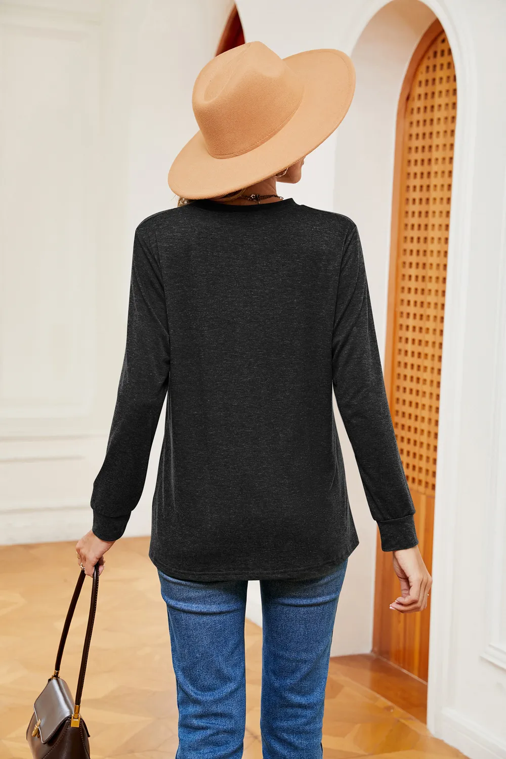 Buttoned Notched Neck Long Sleeve Top, image 16