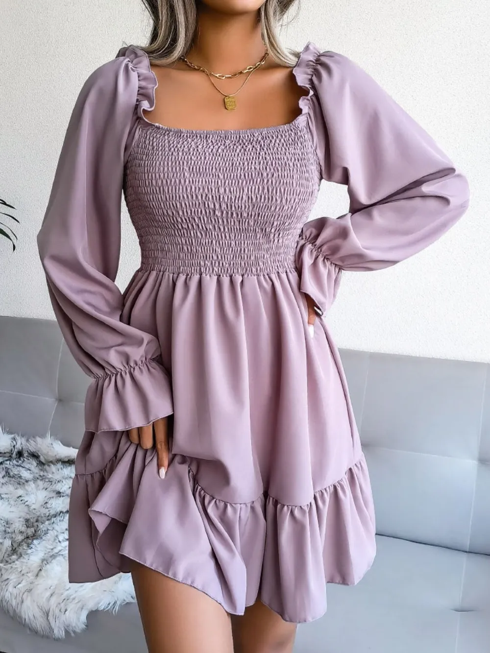 Smocked Flounce Sleeve Square Neck Dress, image 8