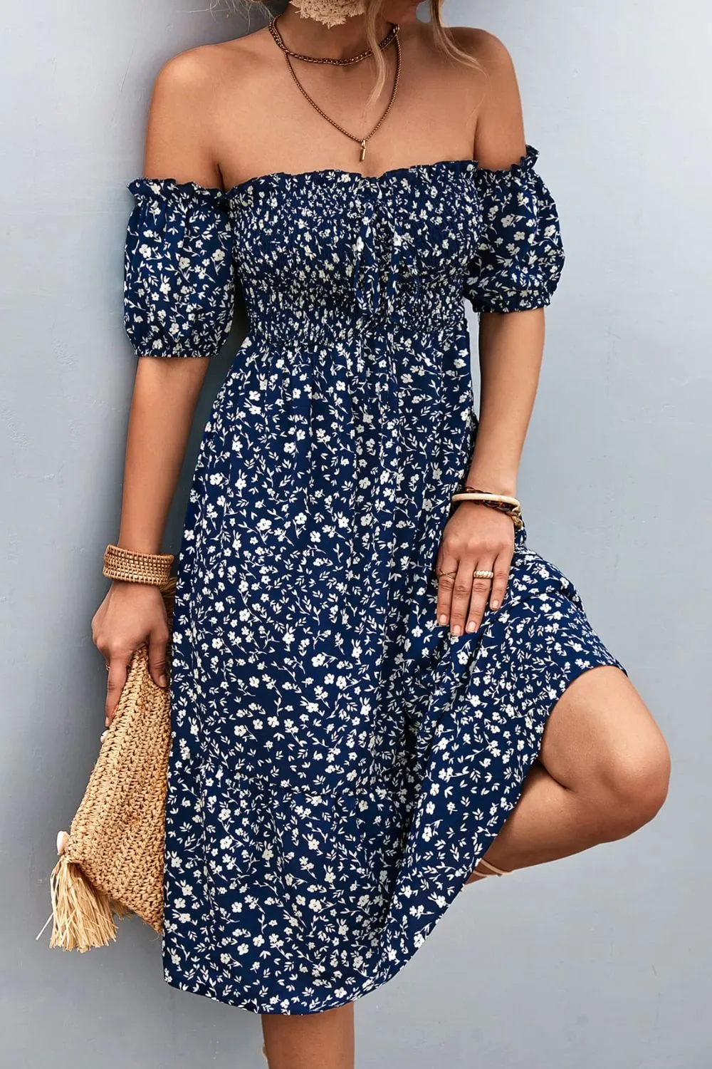 Ditsy Floral Smocked Frill Trim Off-Shoulder Dress, image 6