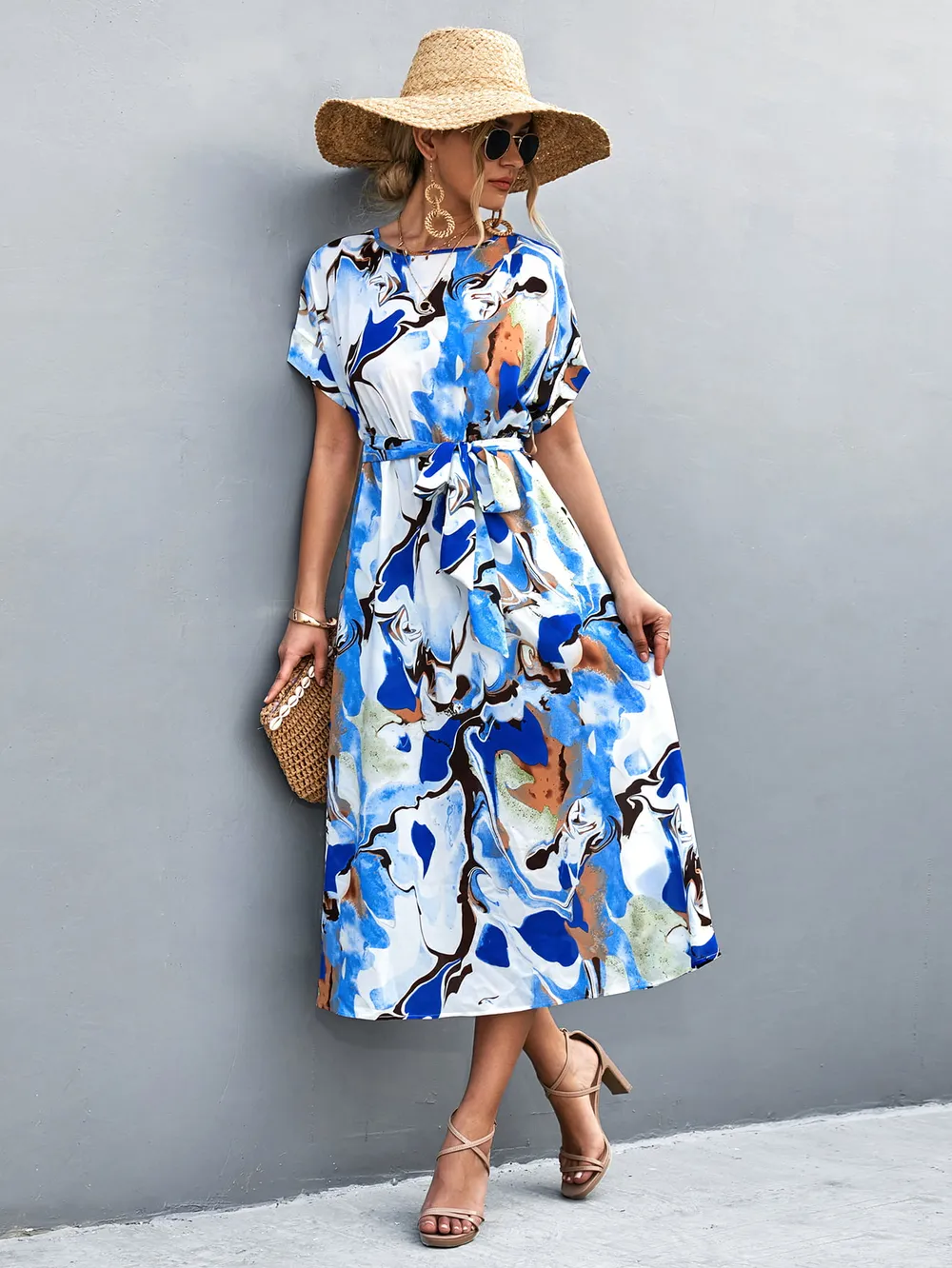Round Neck Short Sleeve Tie Waist Midi Dress, image 12