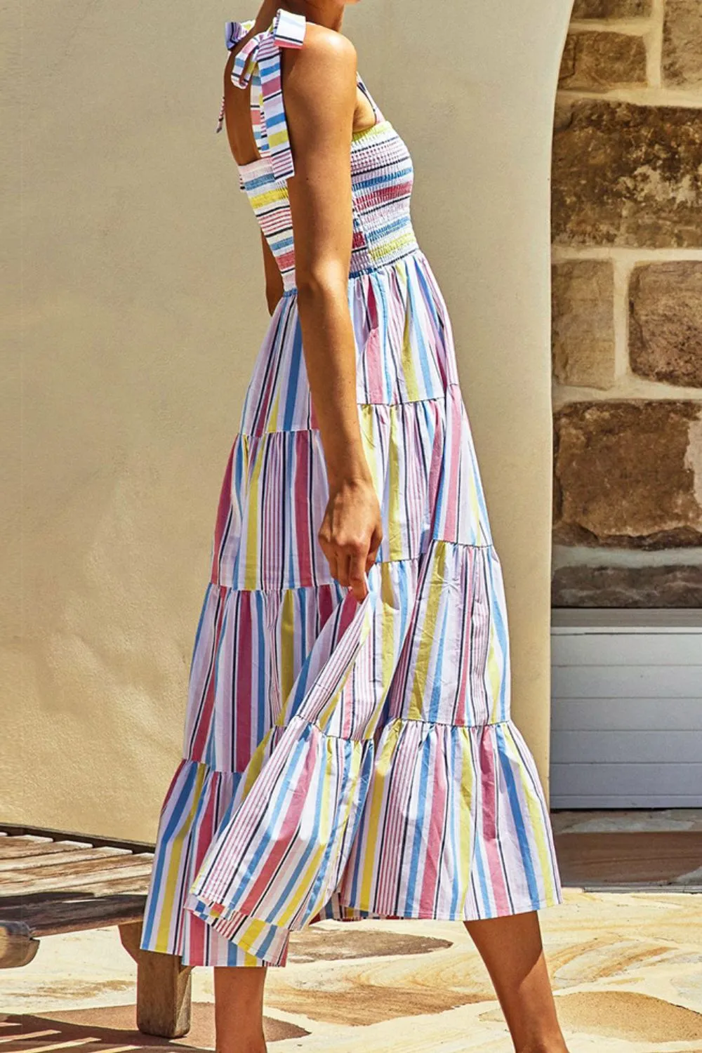 Striped Tie-Shoulder Smocked Tiered Dress, image 3