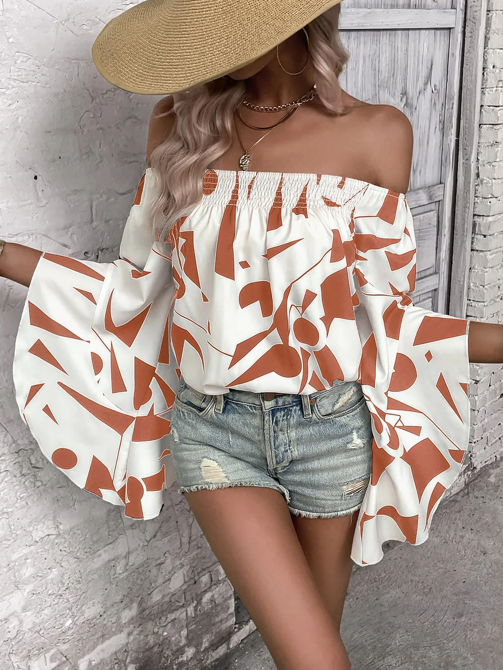 Printed Off-Shoulder Bell Sleeve Blouse, image 7