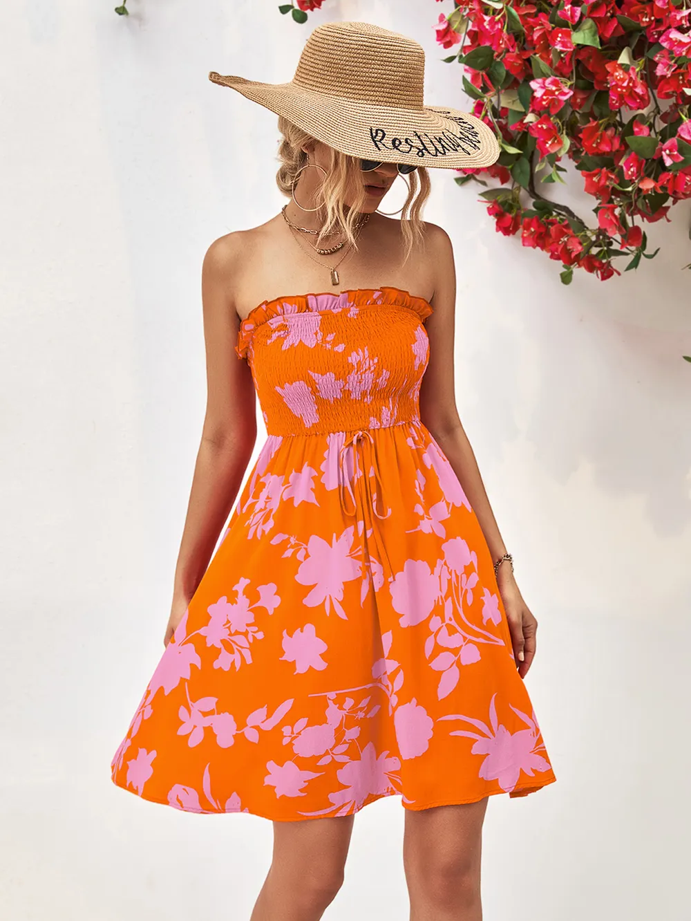 Floral Frill Trim Strapless Smocked Dress, image 6