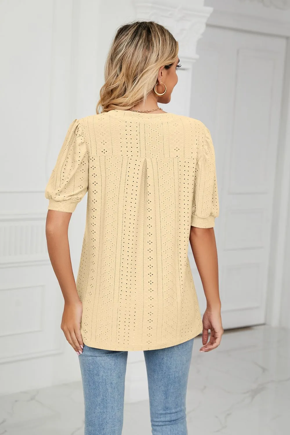 Eyelet Short Puff Sleeve Notched Neck Top, image 25