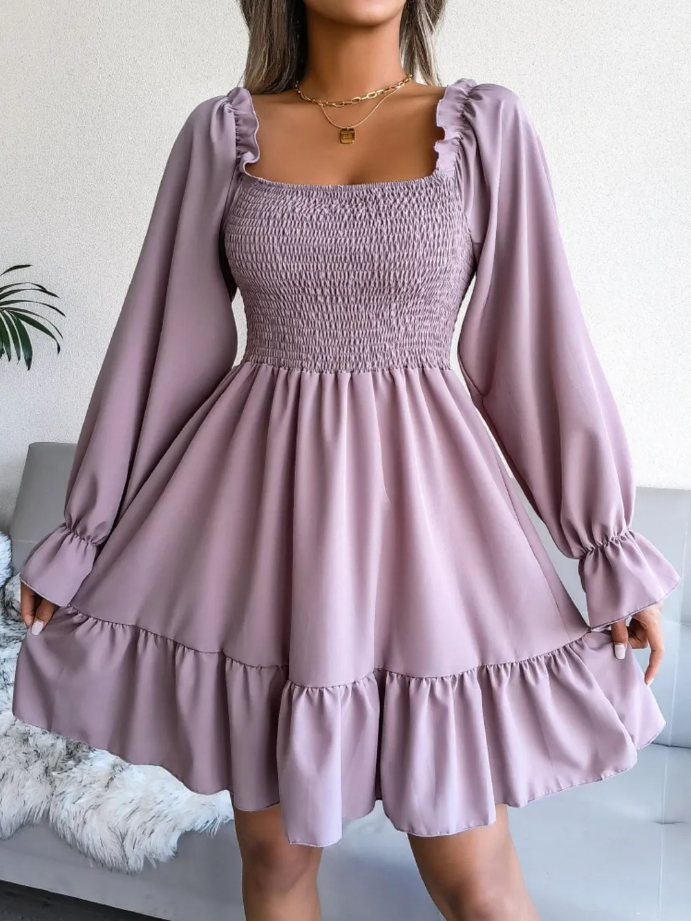 Smocked Flounce Sleeve Square Neck Dress, image 7