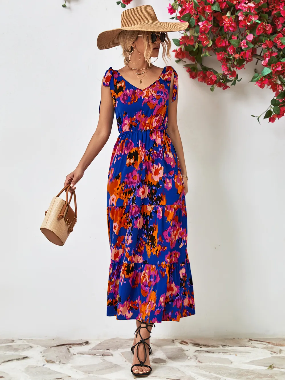 Multicolored V-Neck Backless Midi Dress, image 6