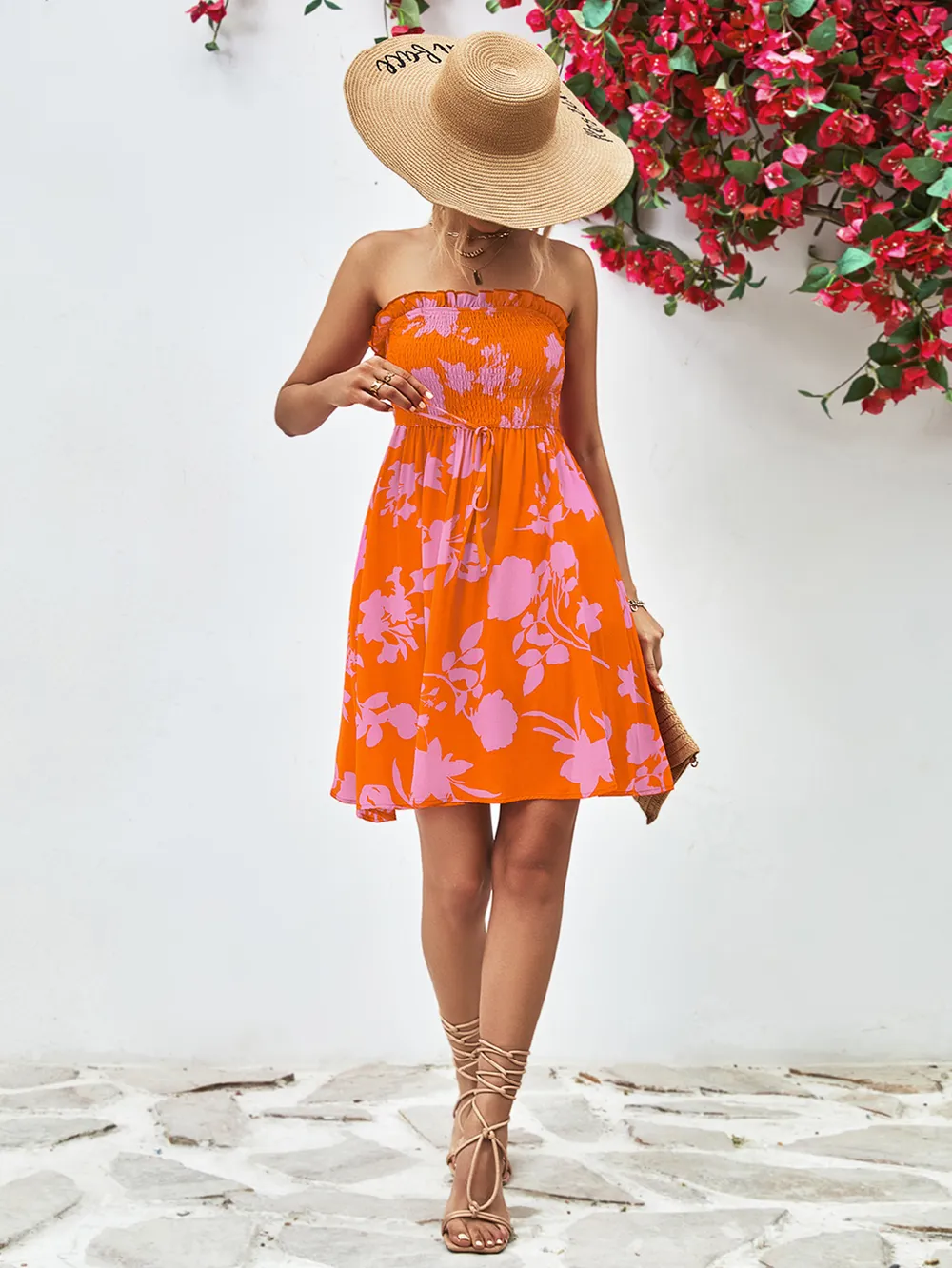Floral Frill Trim Strapless Smocked Dress, image 7