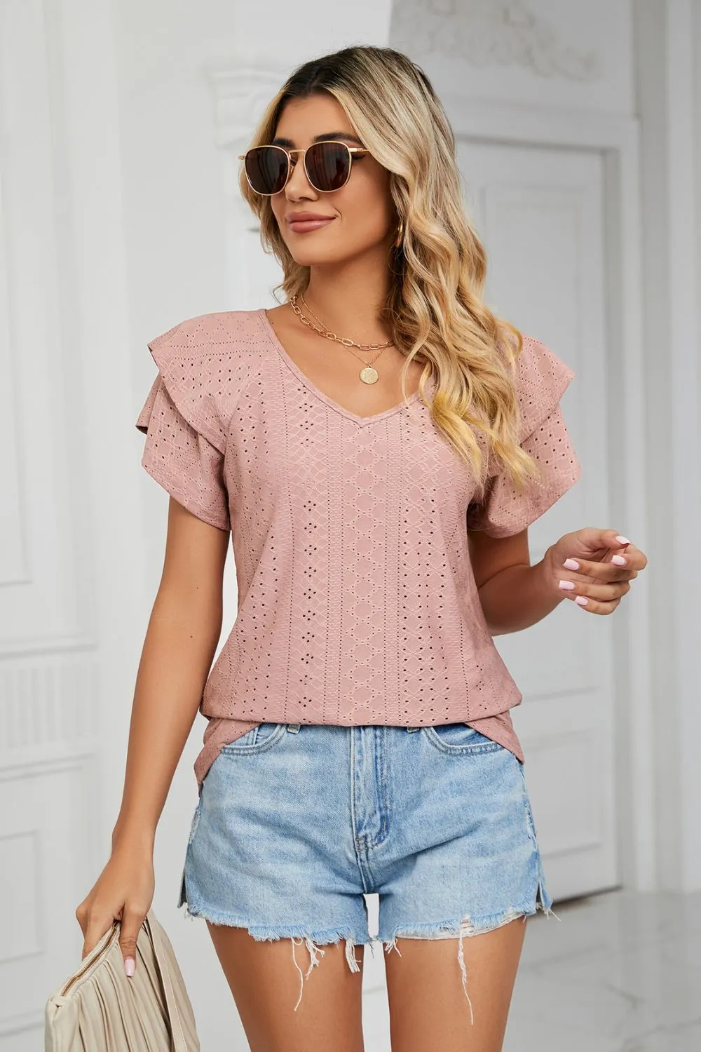 Eyelet Layered Flutter Sleeve V-Neck Knit Top, image 5