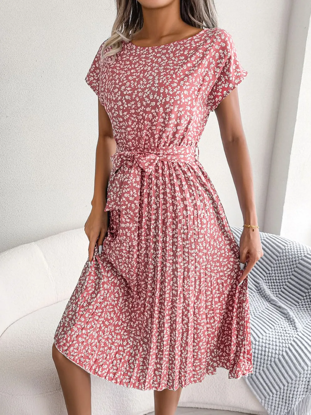 Ditsy Floral Pleated Belted Dress, image 11