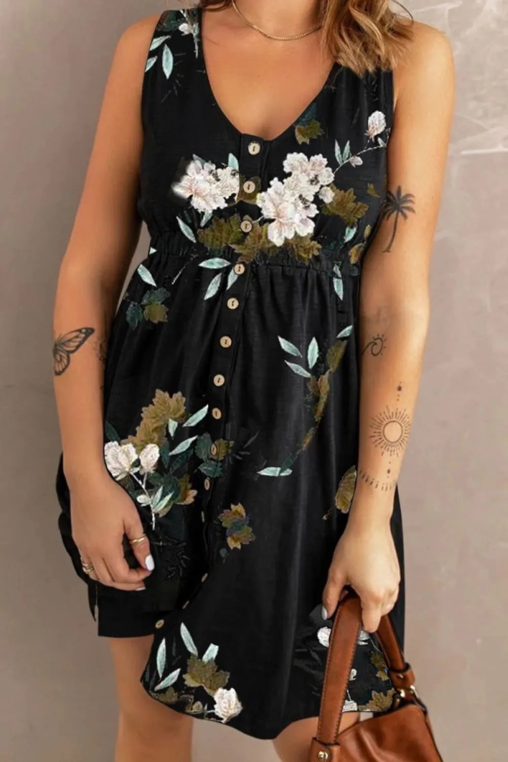 Printed Scoop Neck Sleeveless Buttoned Magic Dress with Pockets, image 18